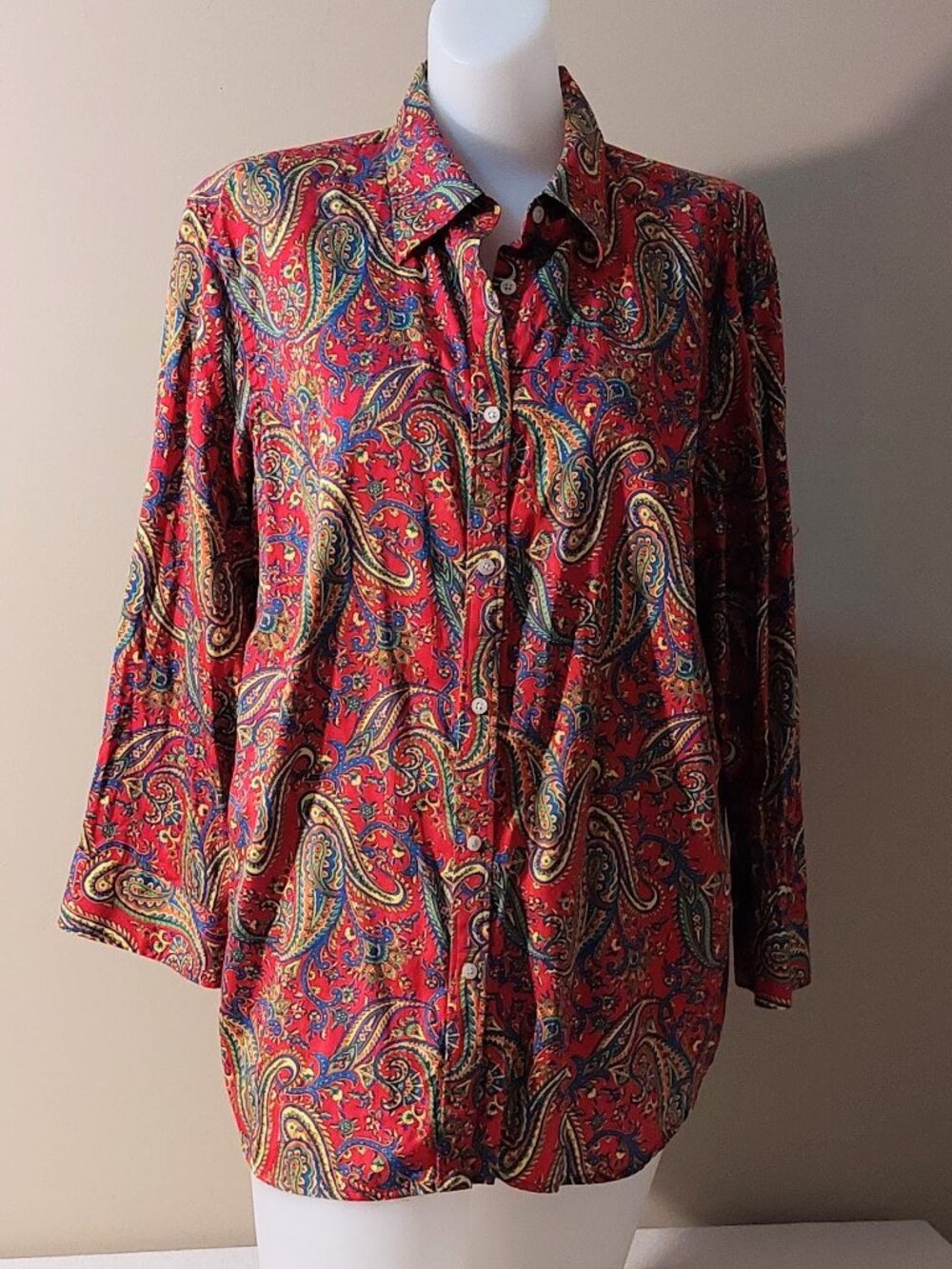 Lauren Ralph Lauren Red/Multi Paisley Polished Cotton Button-Down Shirt Size: 1X